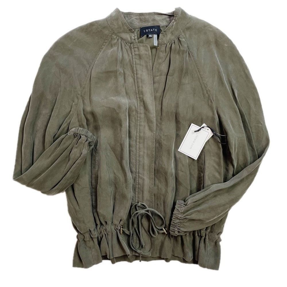 1.State Present Nature Drawstring Bomber Jacket Full Zip Olive Tree Green XS NWT